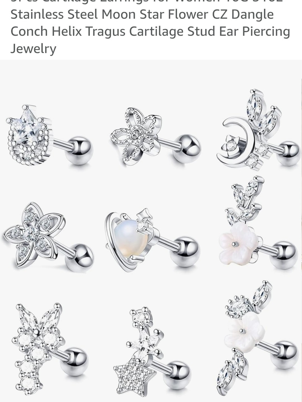 16g Tragus/Cartilage Earrings (9 Piece Set)